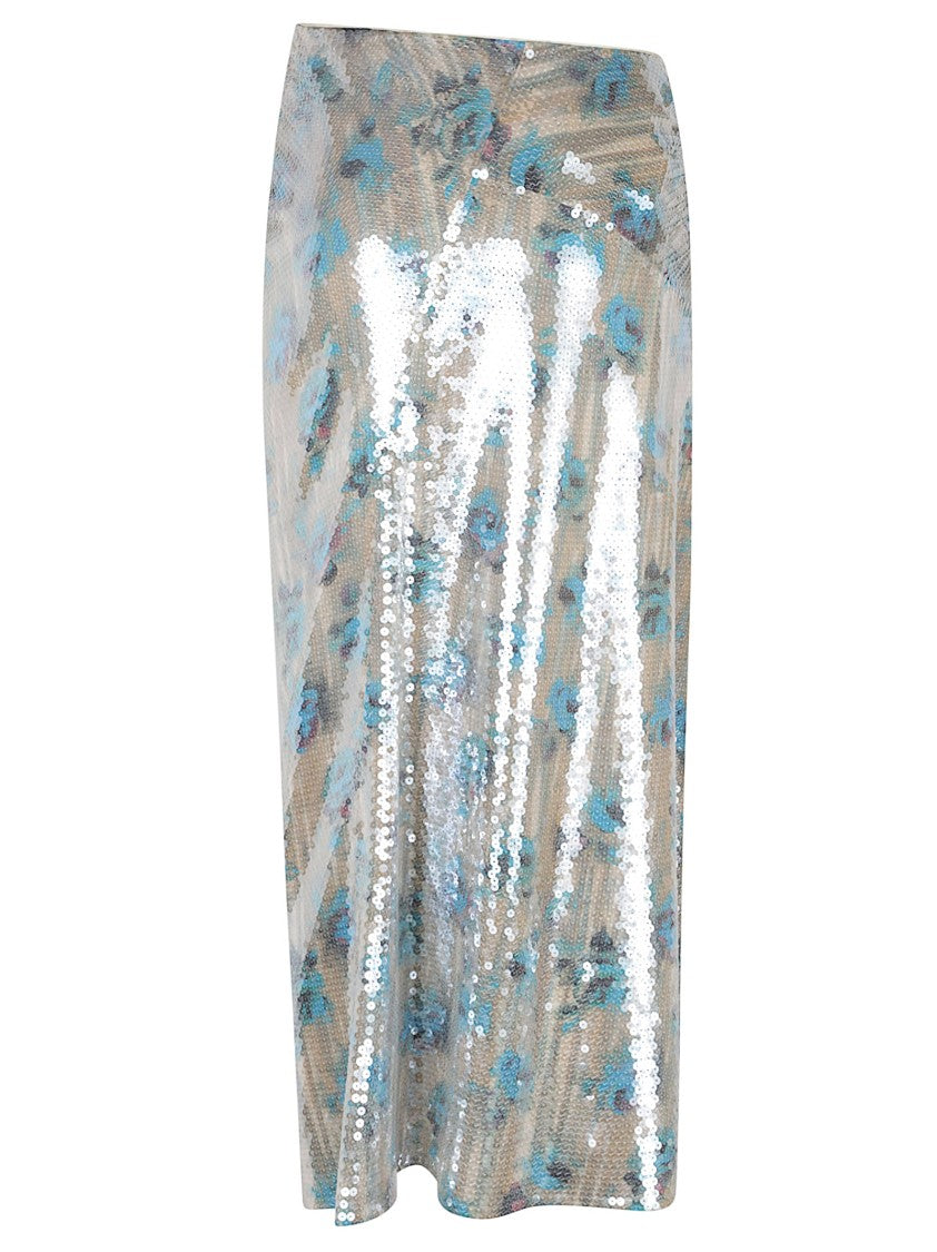 Tory Burch Pencil Skirt With Painterly Blue Rose Print And Sequins