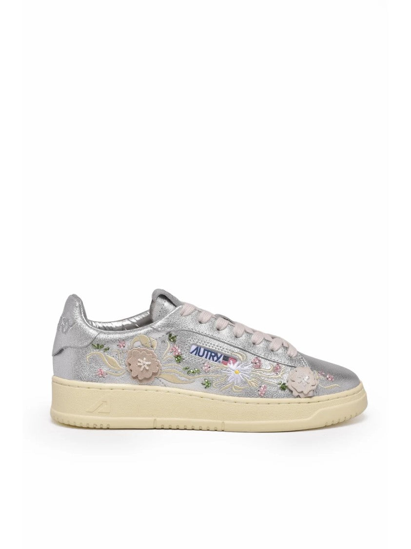 Autry Silver Floral Embroidery Leather Low-Top Sneakers