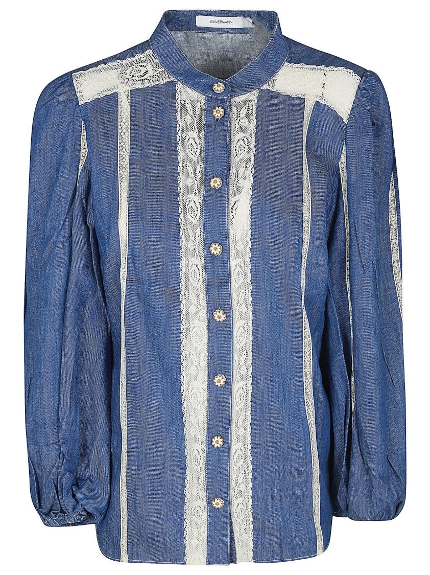 Zimmermann Denim Shirt With Voluminous Puff Sleeves And Lace Inserts