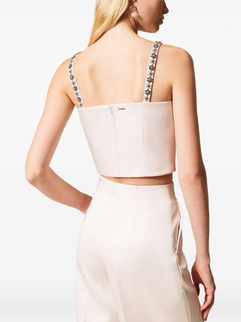 Twin-Set Cropped Fitted Top With Floral Bead Accents