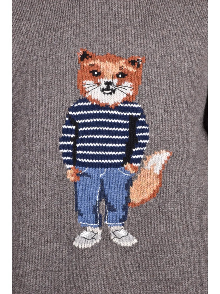 Maison Kitsuné Turquoise Embroidered Fox Wool-Blend Crewneck Sweater