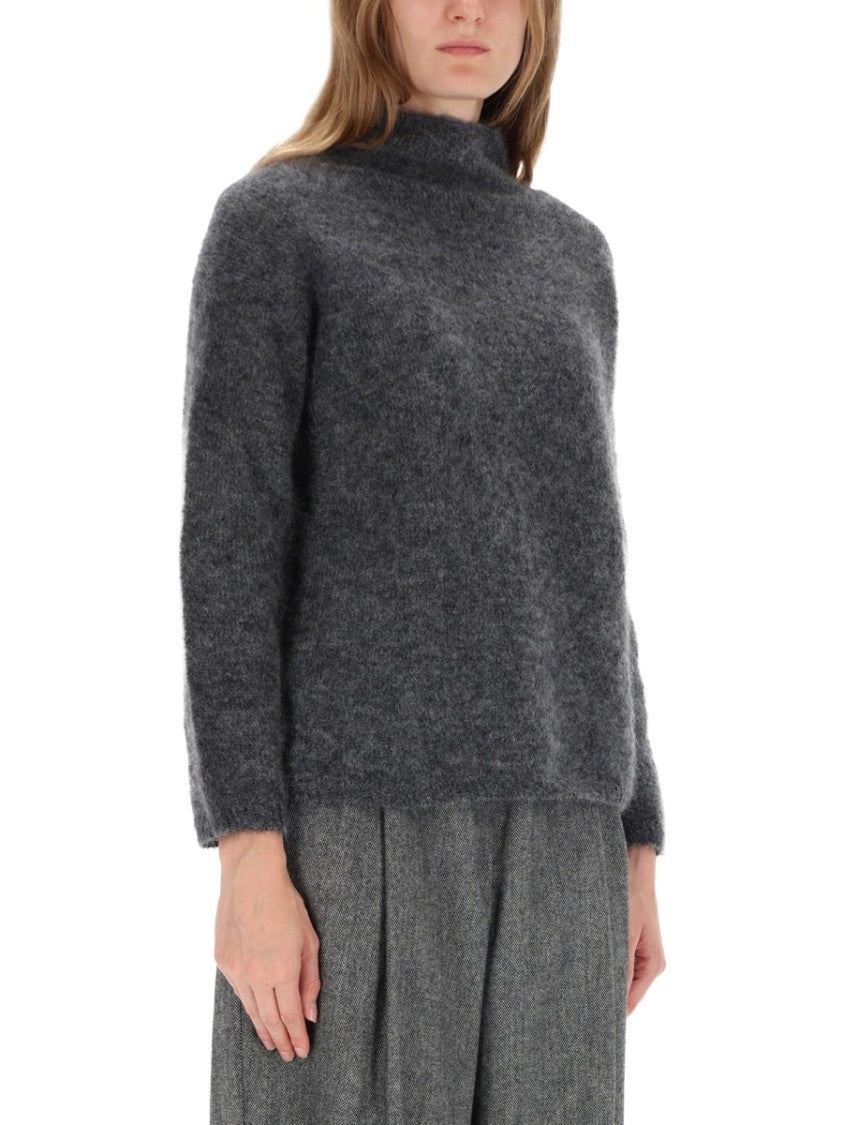 Max Mara Soft Grey Knit Sweater With High Neck And Loose Fit