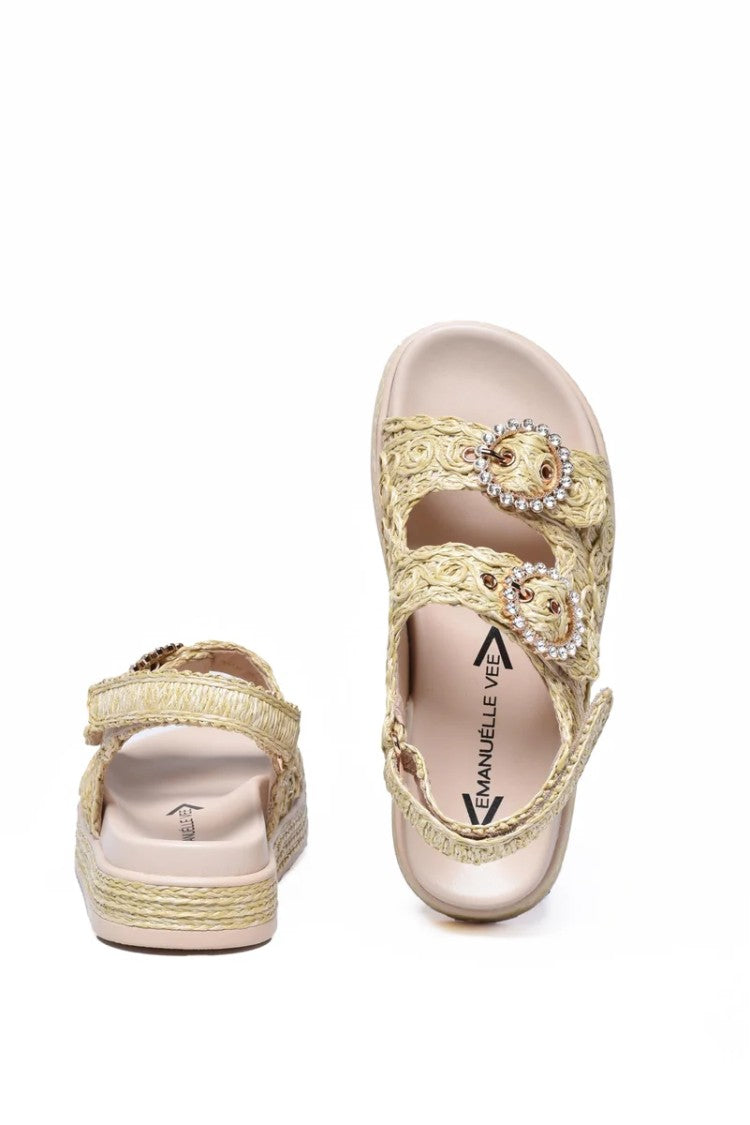 Emanuélle Vee Beige Raffia Rubber Sole Wedge Sandal