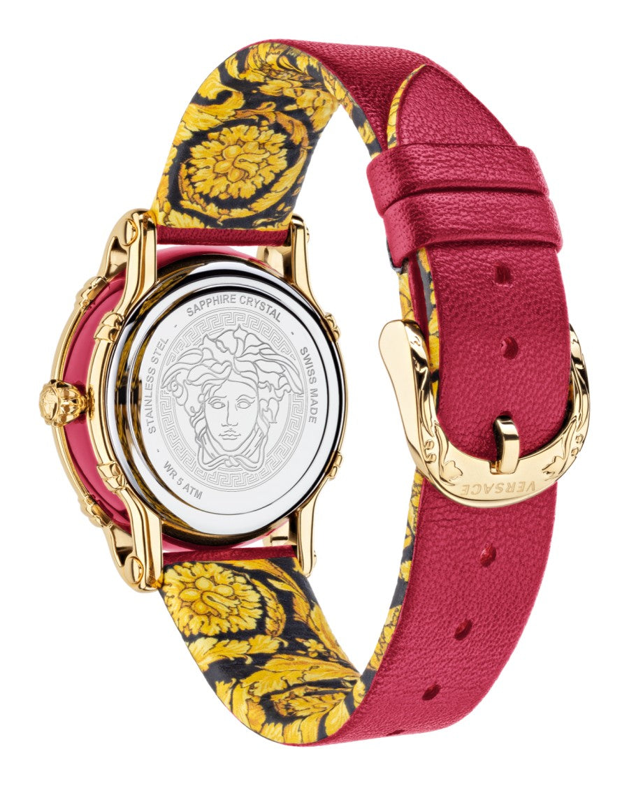 Versace Gold-Tone Stainless Steel Quartz Watch With Red Dial And Calf Leather Strap