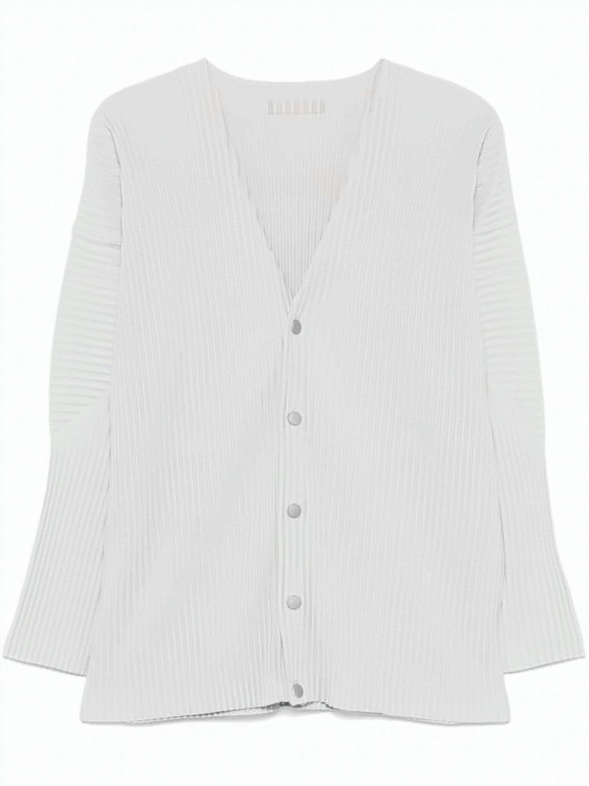 Homme Plissé Issey Miyake Fine Pleated White Jacket With V-Neckline And Button-Down Closure