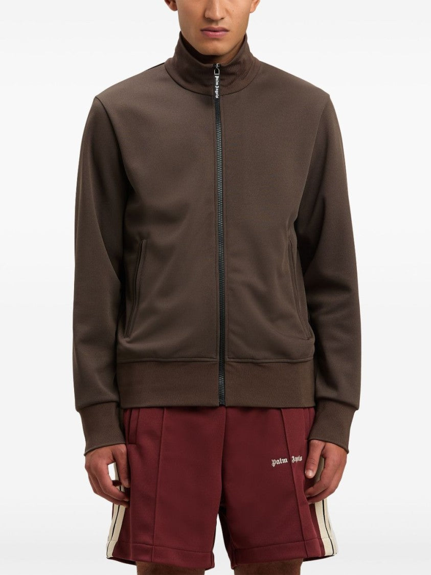 Palm Angels Chocolate Brown Jacket With Roll Neck And Logo Detail