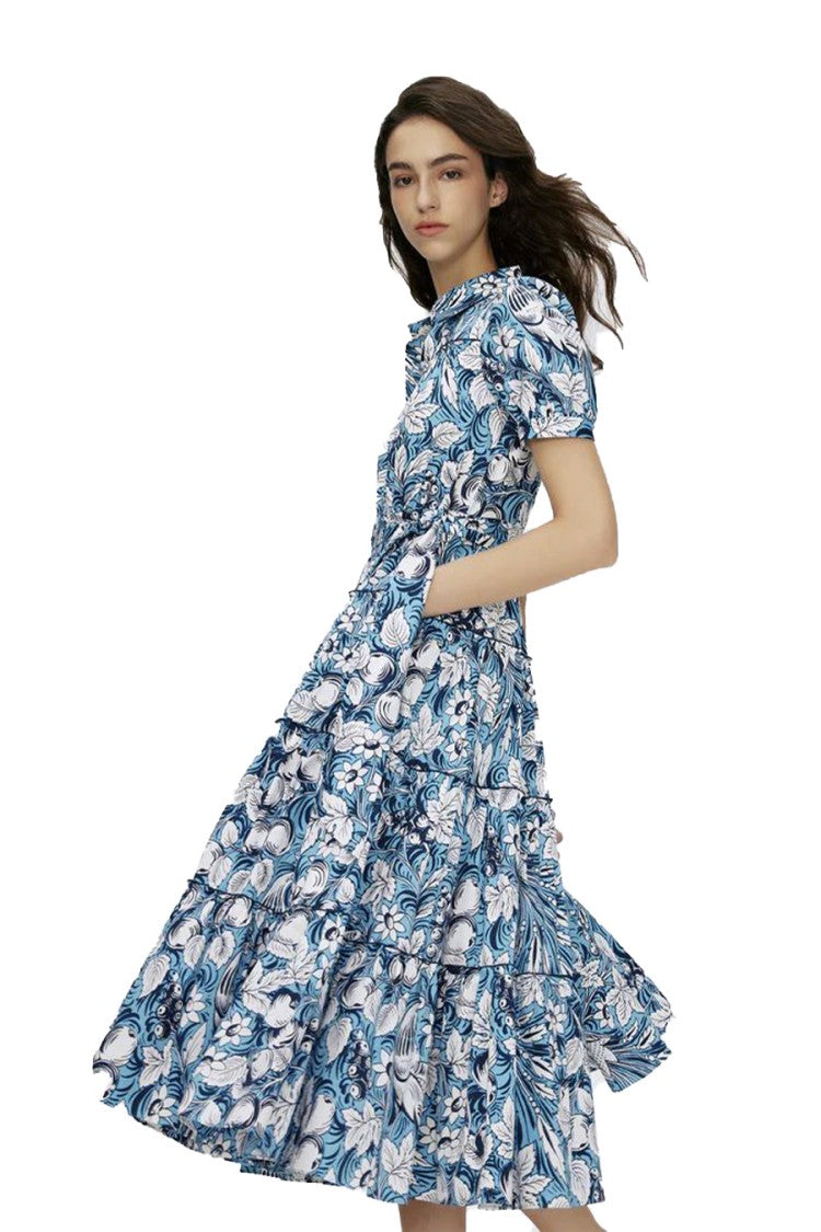 Diane Von Furstenberg Blue Cotton Floral-Print Tiered Dress