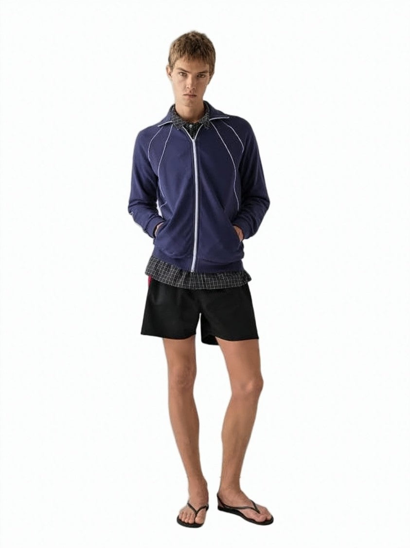 Gimaguas Blue High-Collar Organic Cotton Piping Jacket