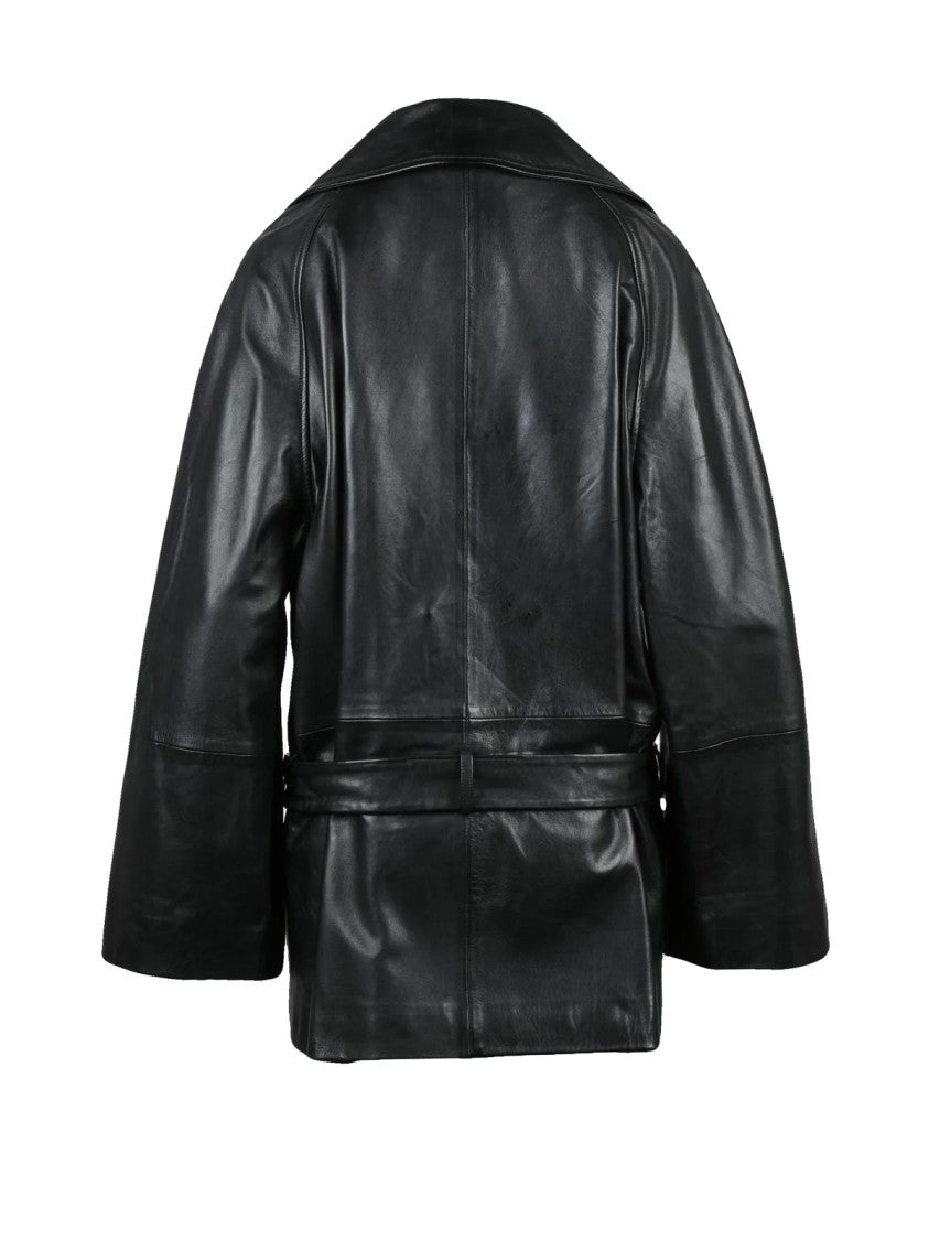 Alysi Black Leather Trench Coat