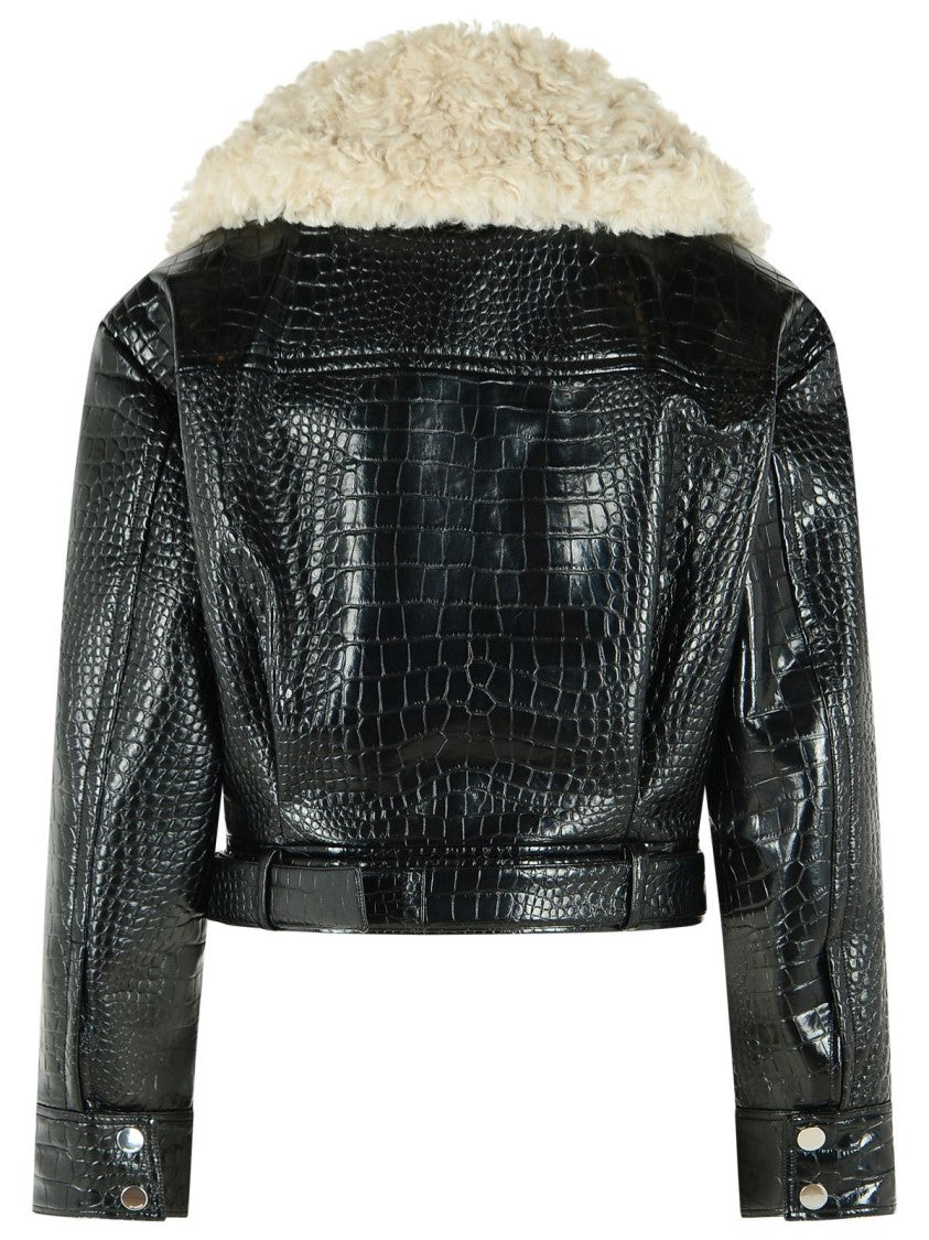 Sportmax Black Patent Leather Jacket With Crocodile Print And Belted Waist