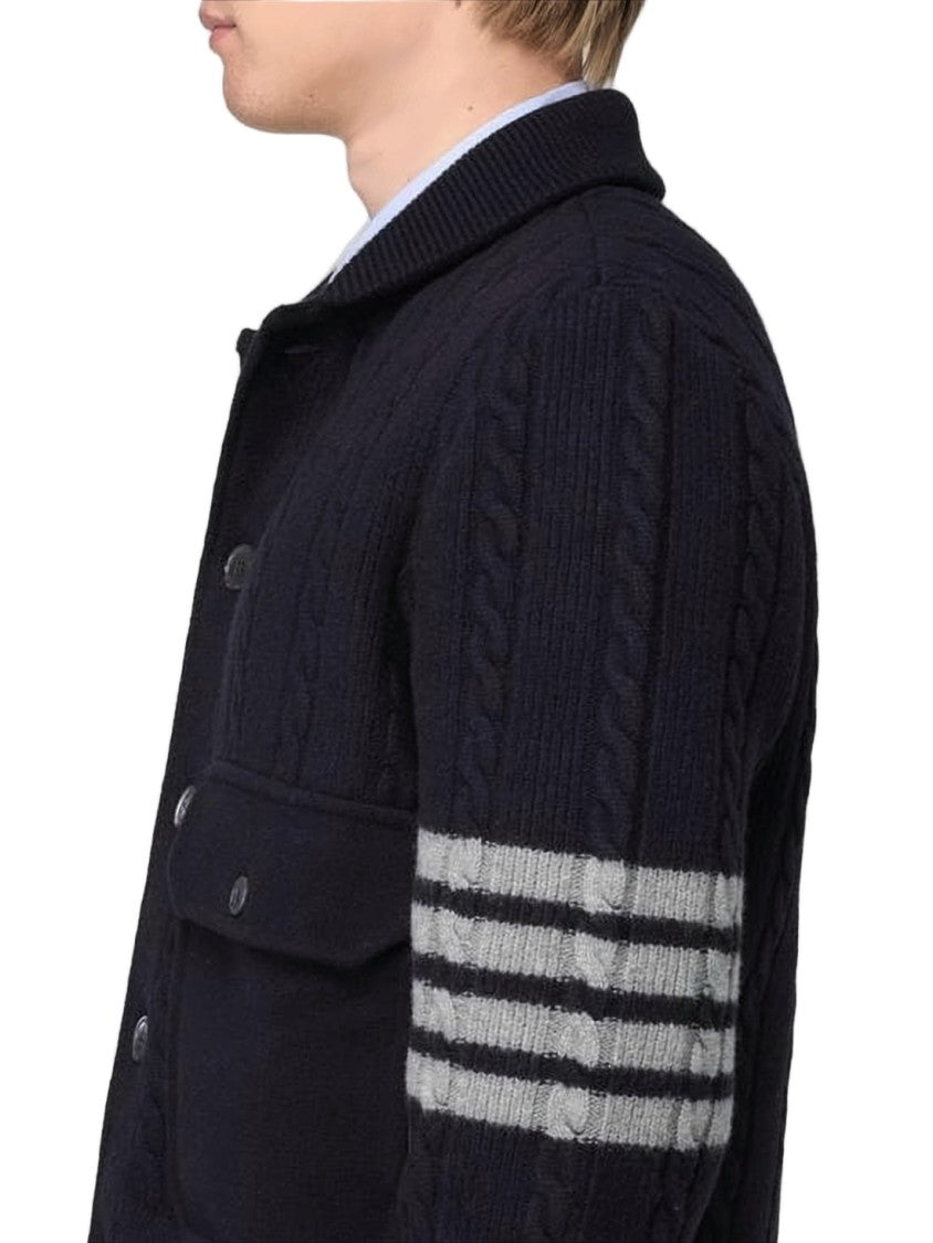 Thom Browne Navy Blue Cable-Knit Jacket With Button-Up Front