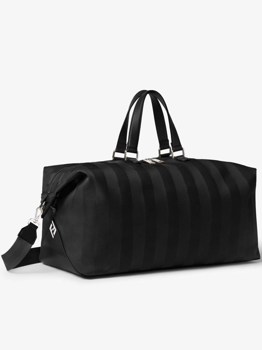 Fendi Matte Finish Black Duffle Bag With Striped Pattern And Silver Hardware