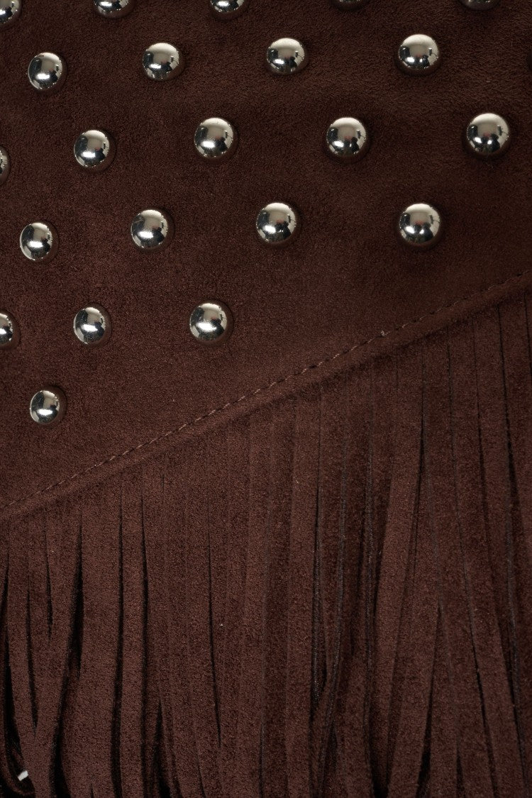 La Carrie Rectangular Brown Suede-Like Shoulder Bag With Fringe Detail