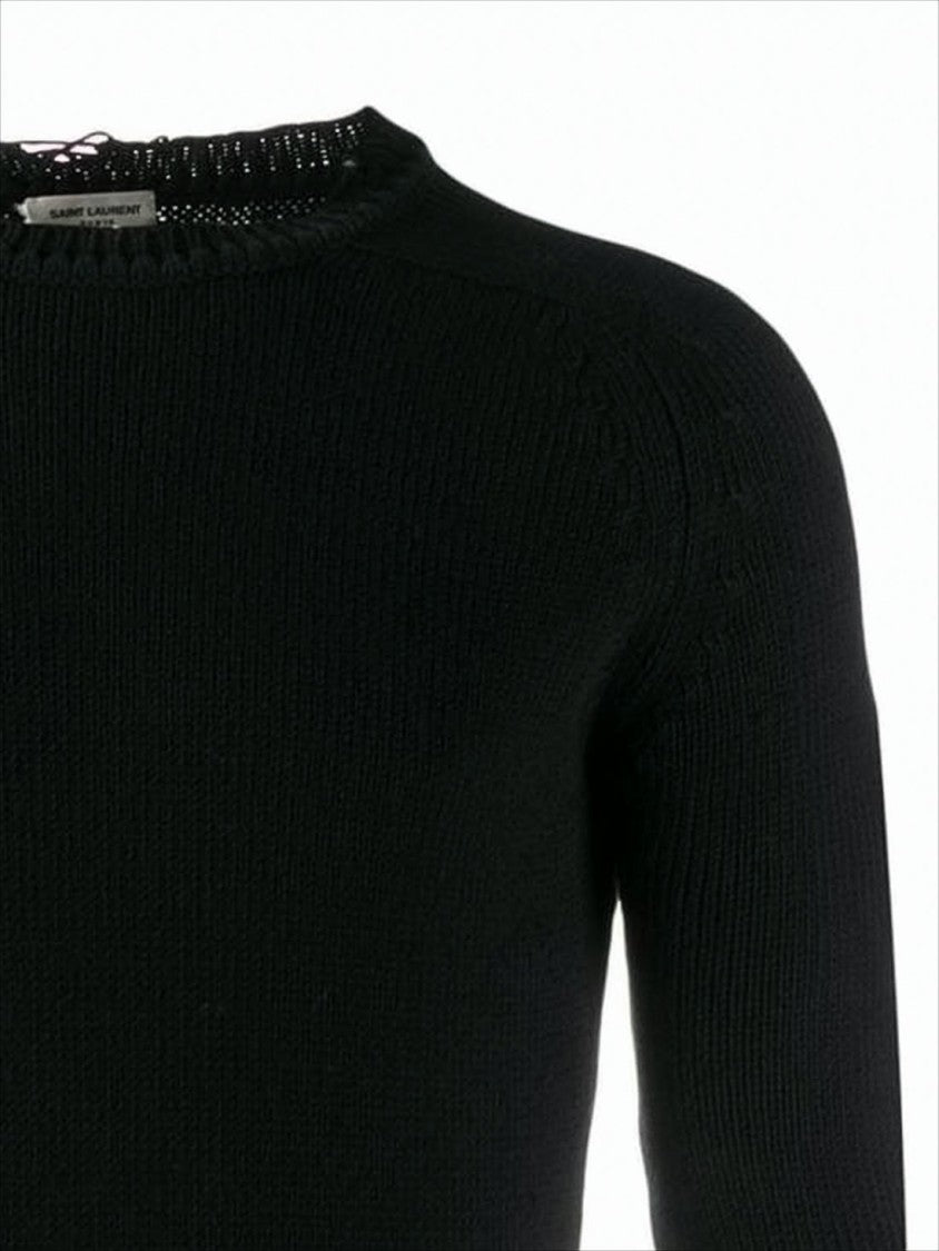 Saint Laurent Distressed Black Knit Sweater With Crew Neckline
