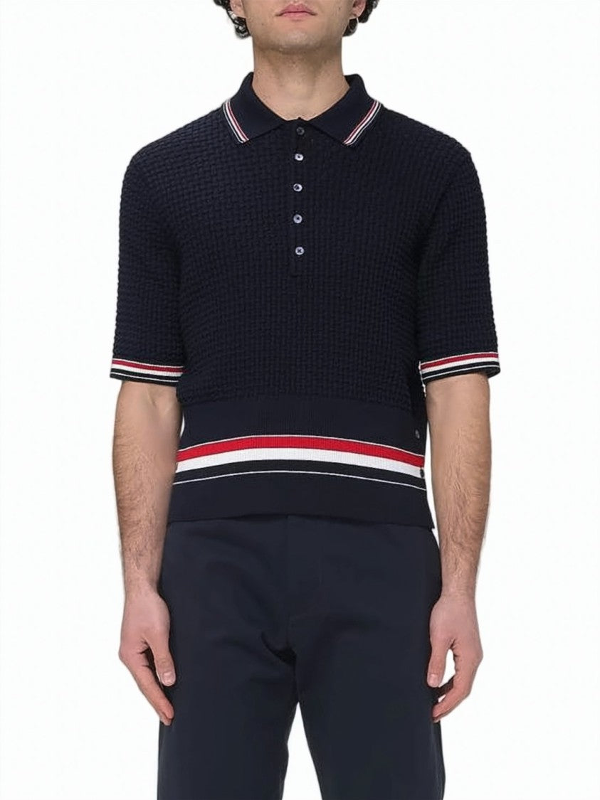 Thom Browne Textured Knit Short-Sleeve Polo With Striped Accents