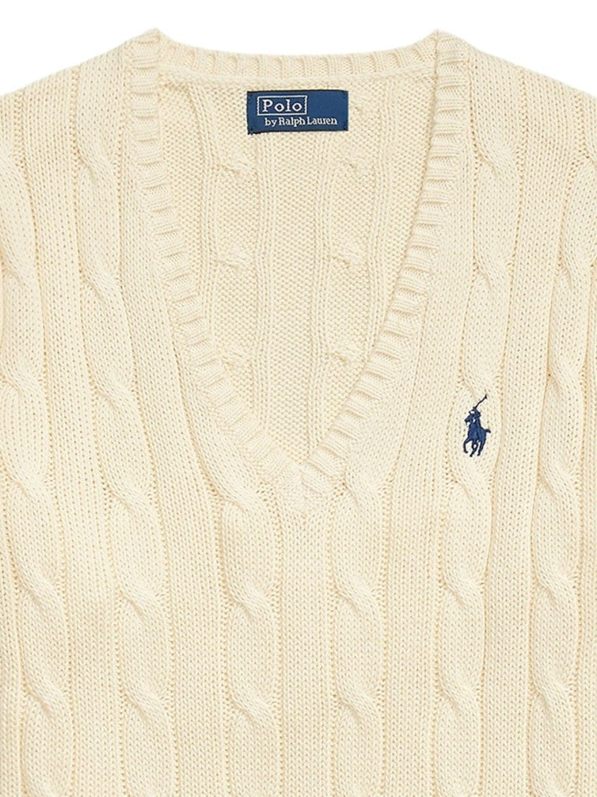 Polo Ralph Lauren Beige Cable-Knit Sweater With V-Neckline And Ribbed Details