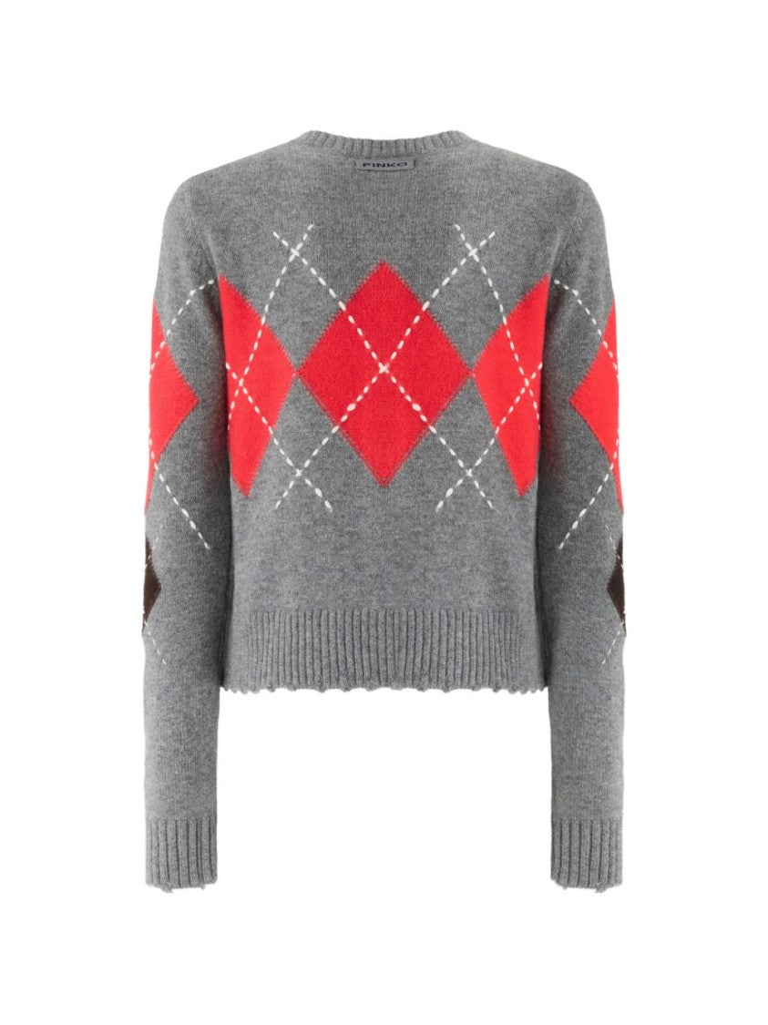 Pinko Cropped Cardigan Sweater With Argyle Pattern