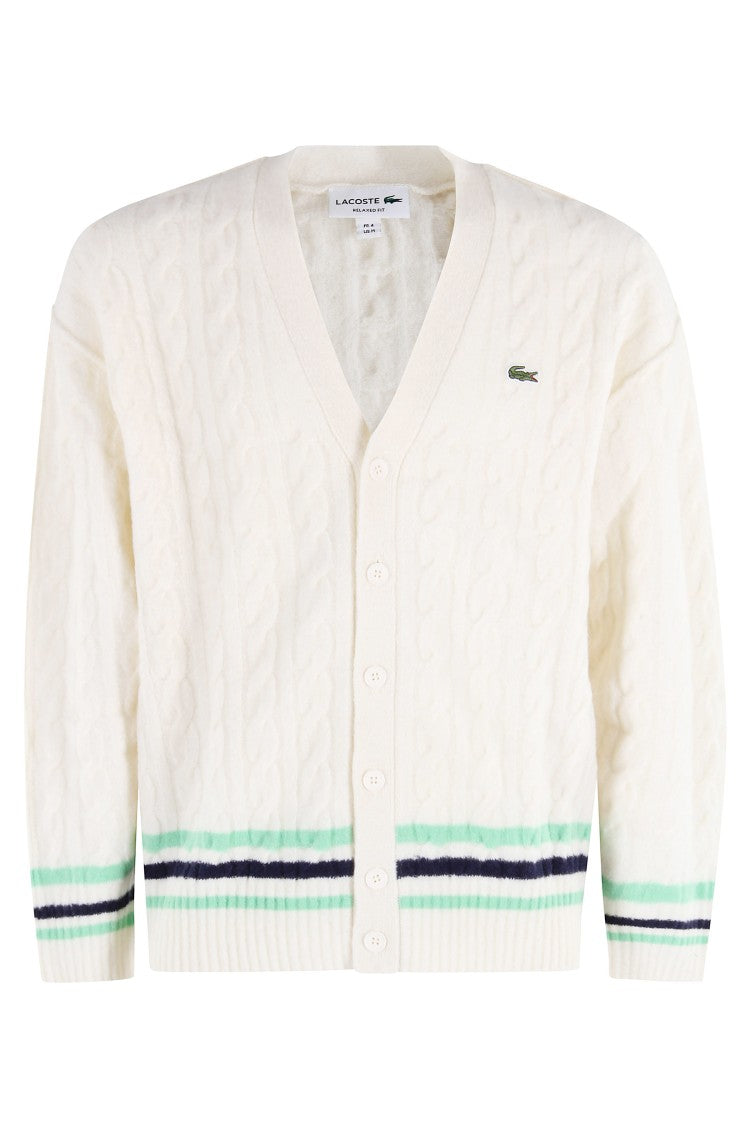 Lacoste Braided Wool Blend Pullover With Contrasting Stripes