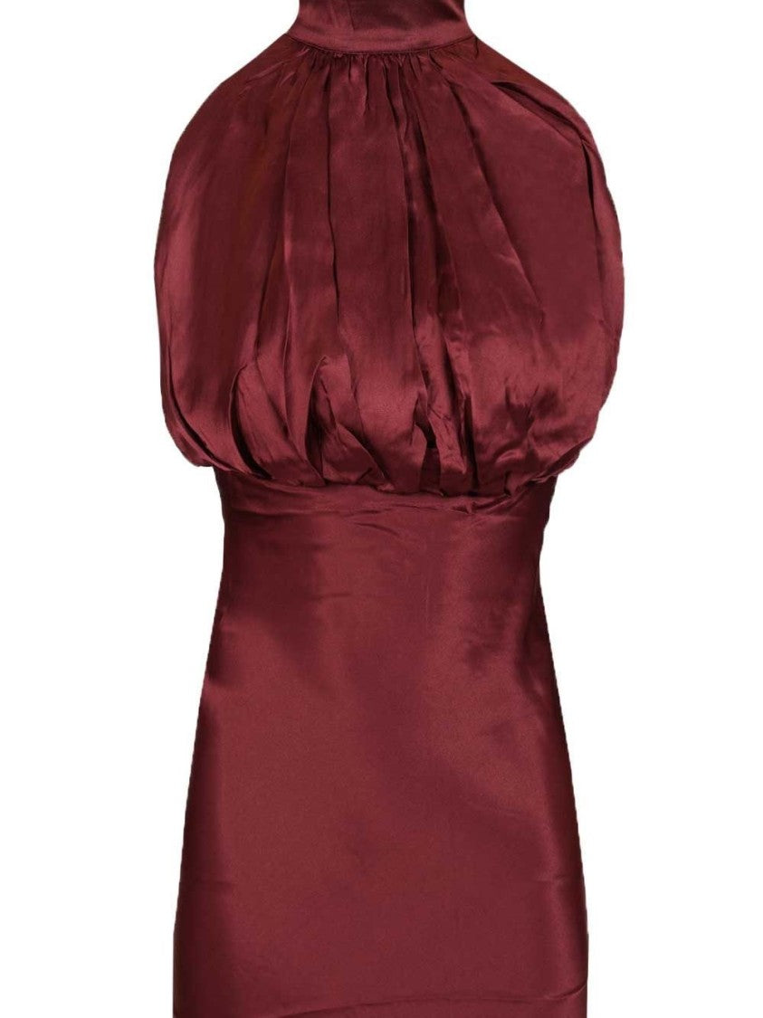 Rotate High Gathered Neckline Silk Maxi Dress