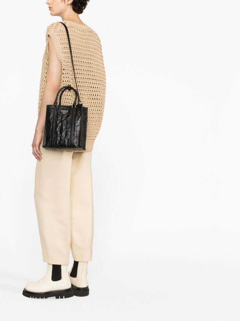 Prada Logo-Plaque Crinkle-Effect Tote Bag