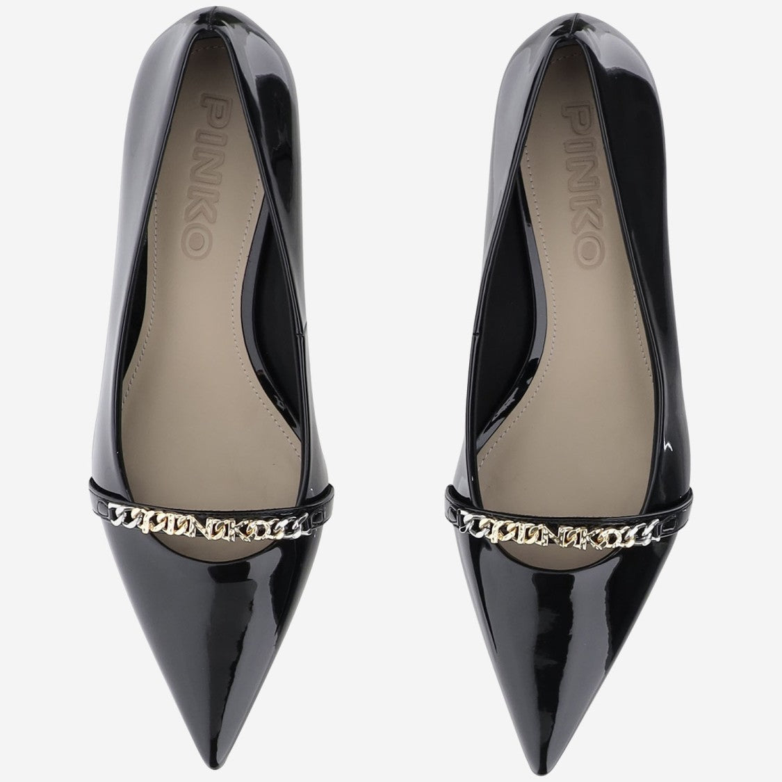 Pinko Glossy Leather Pump With Pointed Toe And Logo Chain Detail