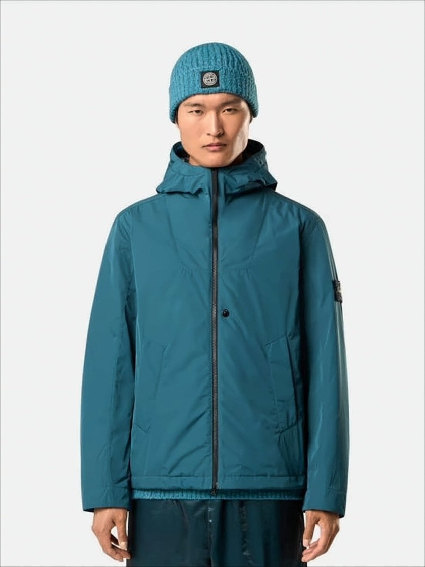 Stone Island Hooded Blue Padded Jacket With Distinctive Logo
