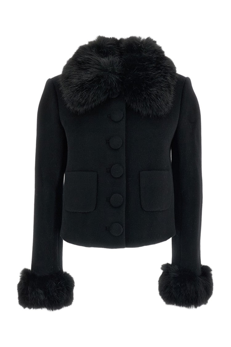 Self-Portrait Black Faux-Fur Cuff Cropped Wool Jacket