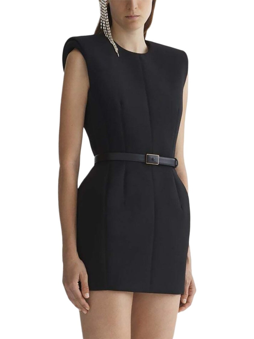 Mugler Black Padded Shoulder Belted Sleeveless Dress