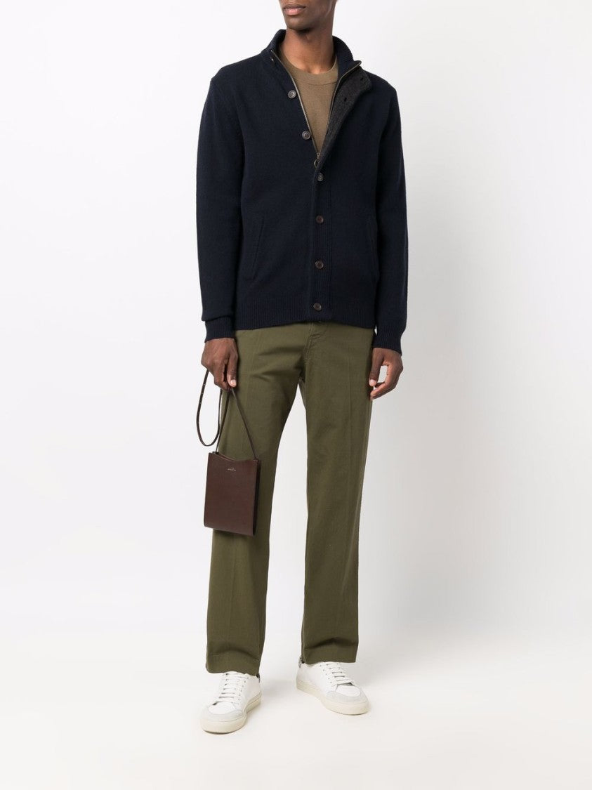 Barbour Navy Wool Zip-Through Sweater With High Neck And Elbow Patches