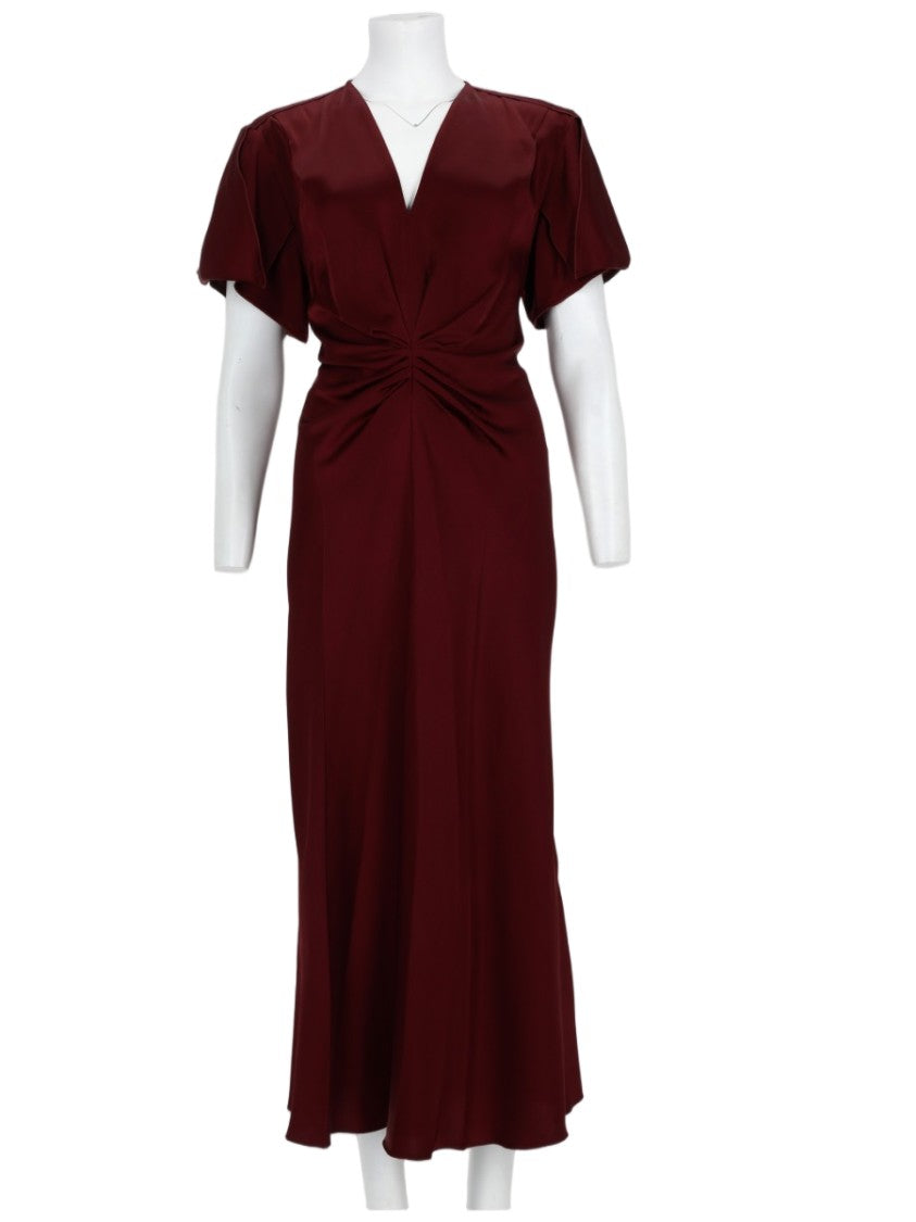 Victoria Beckham Burgundy Midi Dress With Draped Waist And V-Neckline