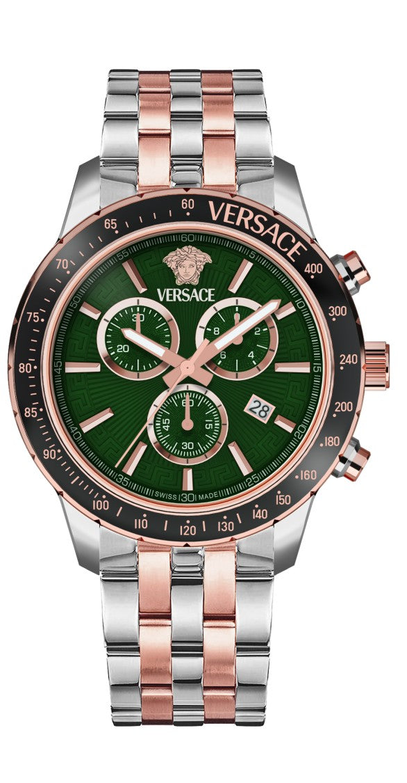 Versace Quartz Chronograph Watch With Green Dial And Two-Tone Bracelet