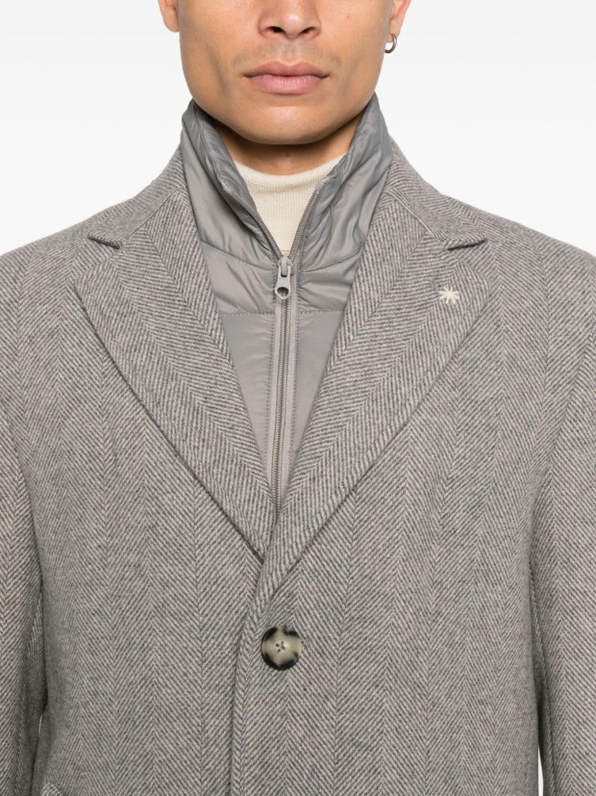 Manuel Ritz Grey Herringbone Single-Breasted Coat With Notched Lapels And Flap Pockets