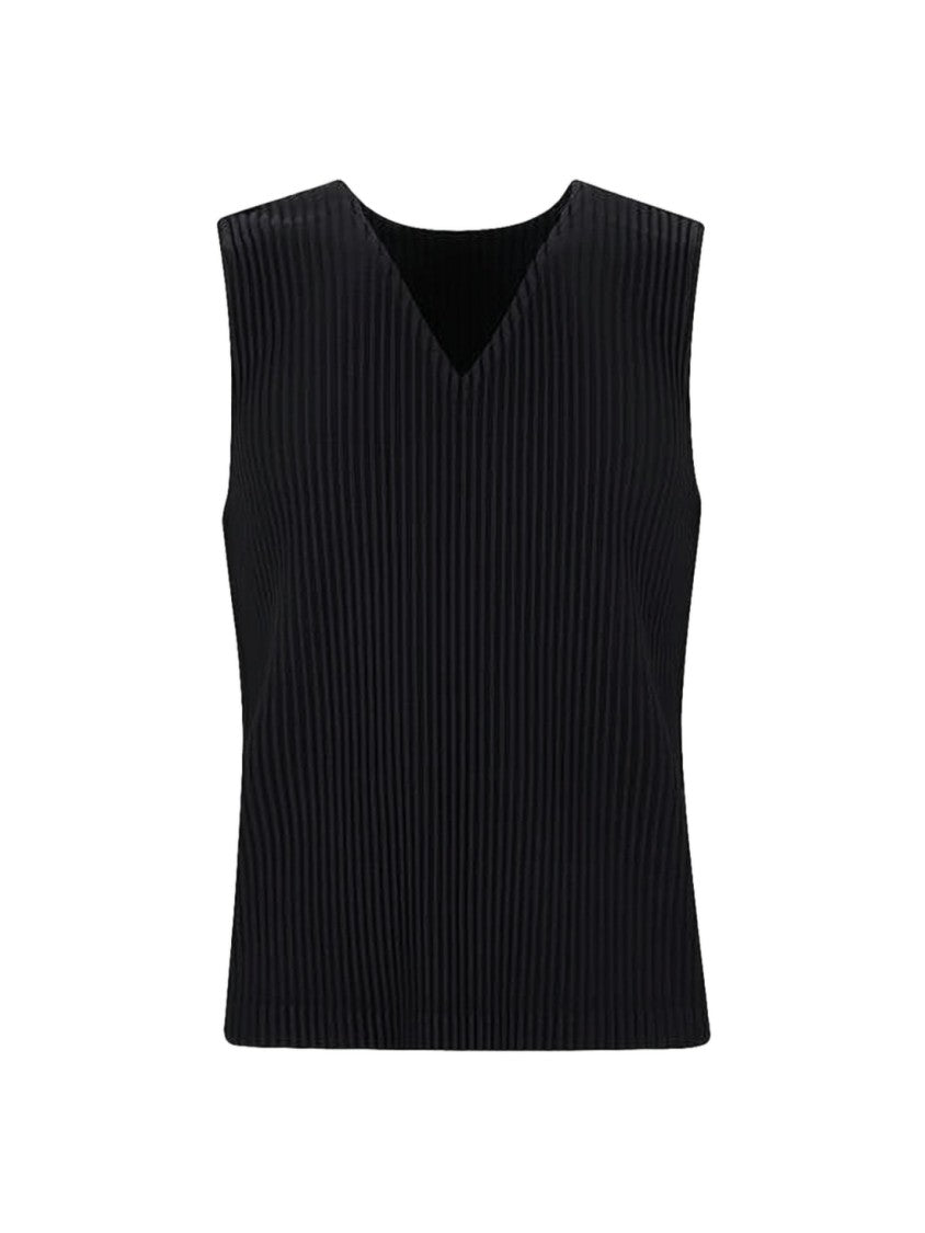 Homme Plissé Issey Miyake Sleeveless Black Pleated Vest With Deep V-Neckline