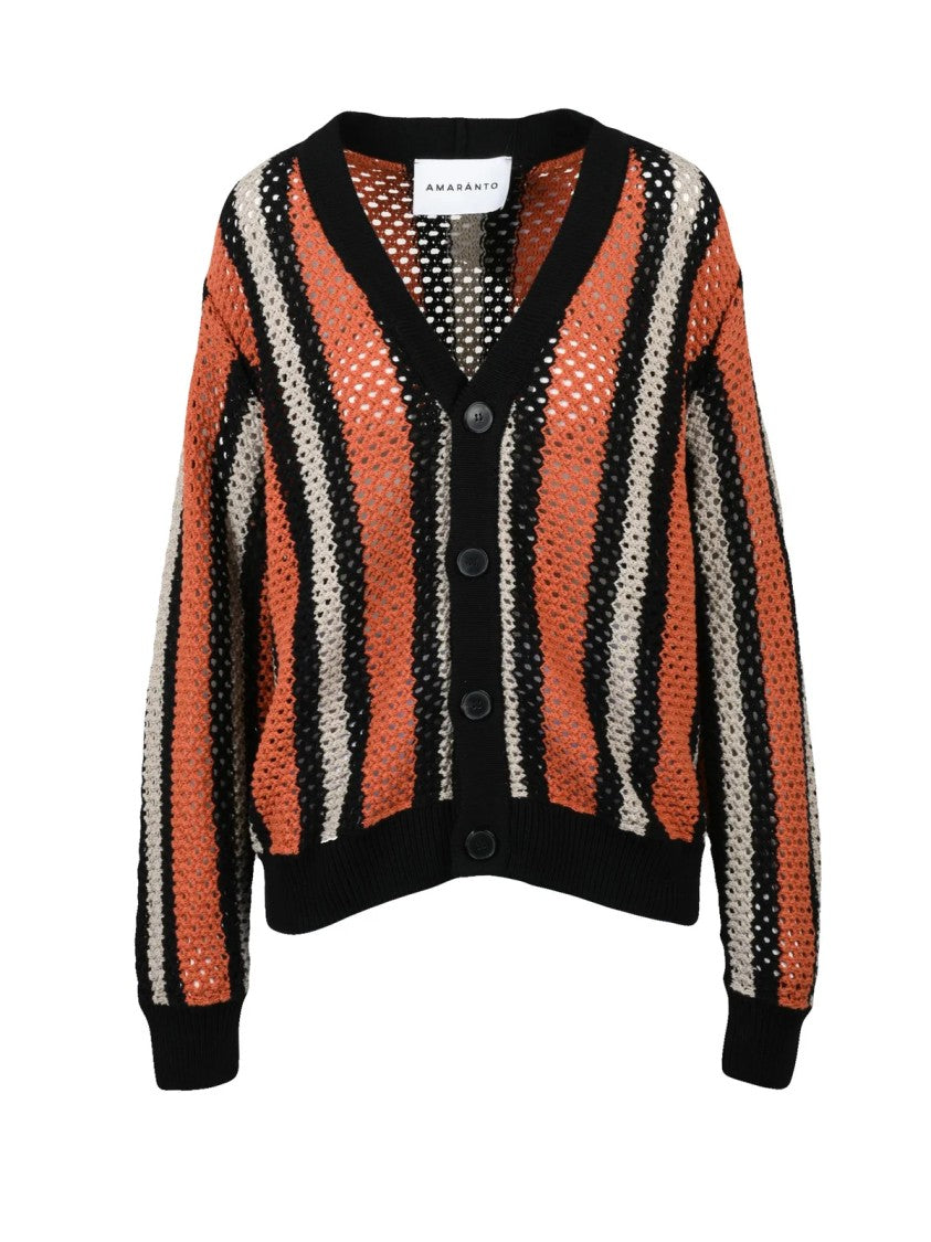 Amaranto Black-Beige Tricot Striped Cotton Cardigan