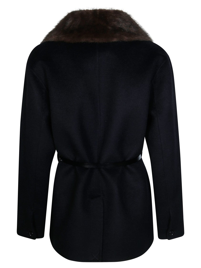Parosh Belted Dark Fur Collar Jacket