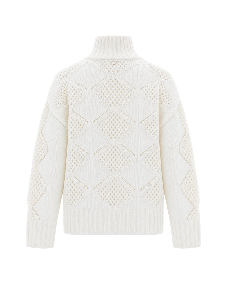 Liu Jo White High-Neck Openwork Pearl Embellished Wool Sweater