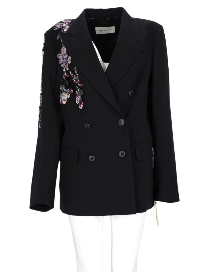 Dries Van Noten Black Double-Breasted Floral Embellished Wool Blazer