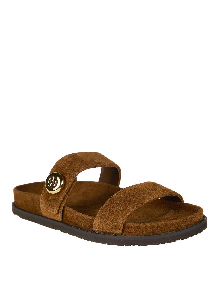 Tory Burch Brown Romy Suede Wide Strap Slides