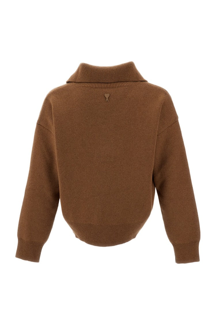 Ami Paris Beige High Collar Pure Wool Knit Sweater