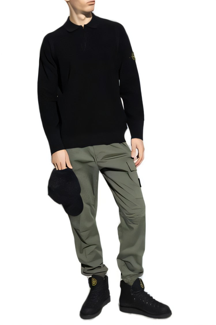 Stone Island Black Turtleneck With Zippered Collar And Ribbed Detailing