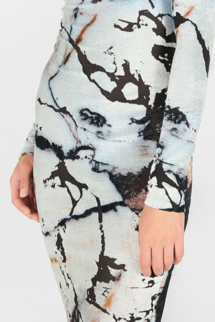 Roberto Cavalli White Viscose-Blend Marble-Print Mock-Neck Maxi Dress