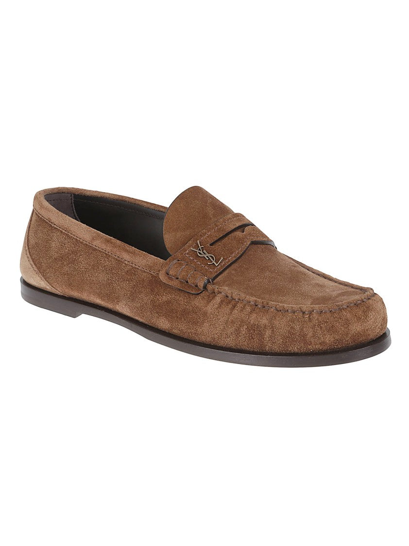 Saint Laurent Brown Suede Moccasin-Style Flat Shoes With Stitched Toe