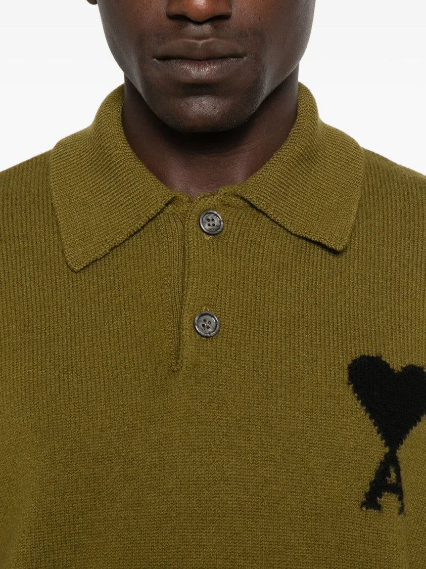 Ami Polo Neck Knit Sweater With Engraved Horn Buttons