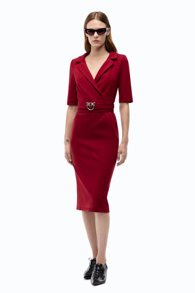 Pinko Red Viscose-Nylon Blend Buckle-Belt Wrap Dress