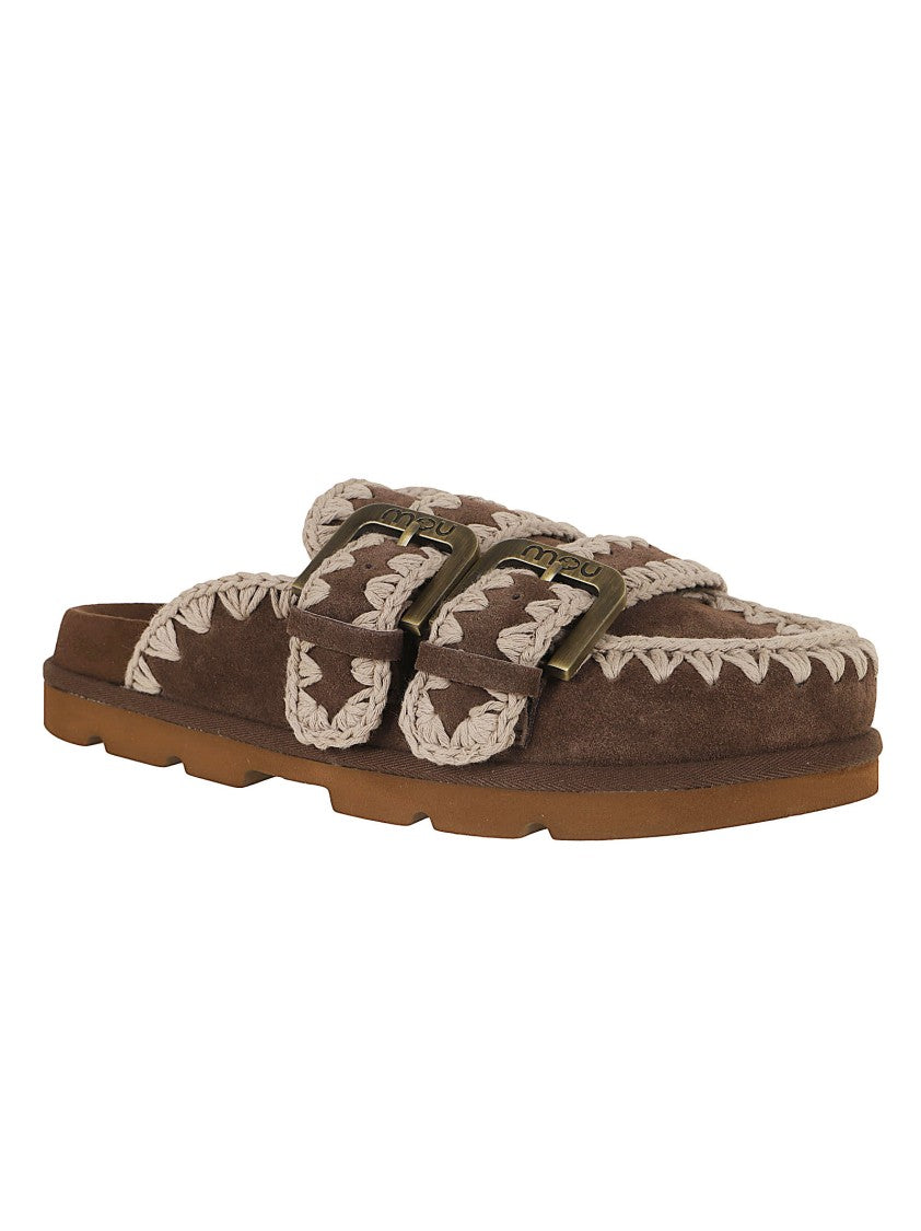 Mou Brown Low-Cut Suede Clogs With Double Buckle Closure