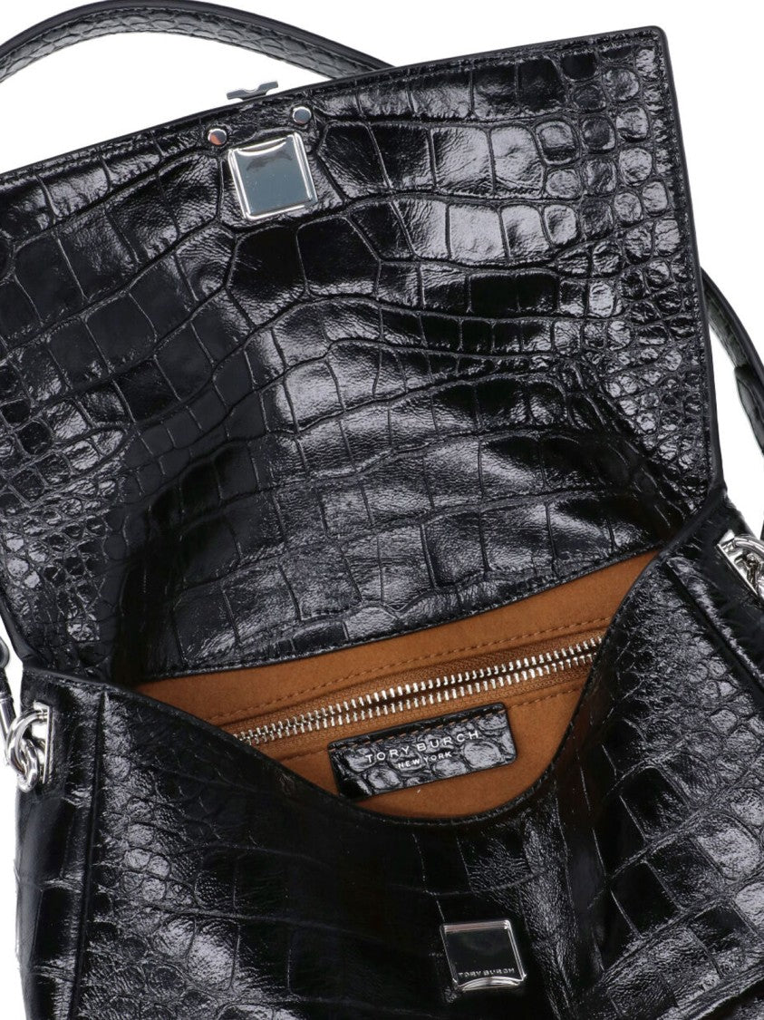 Tory Burch Crocodile-Embossed Black Leather Charlie Shoulder Bag