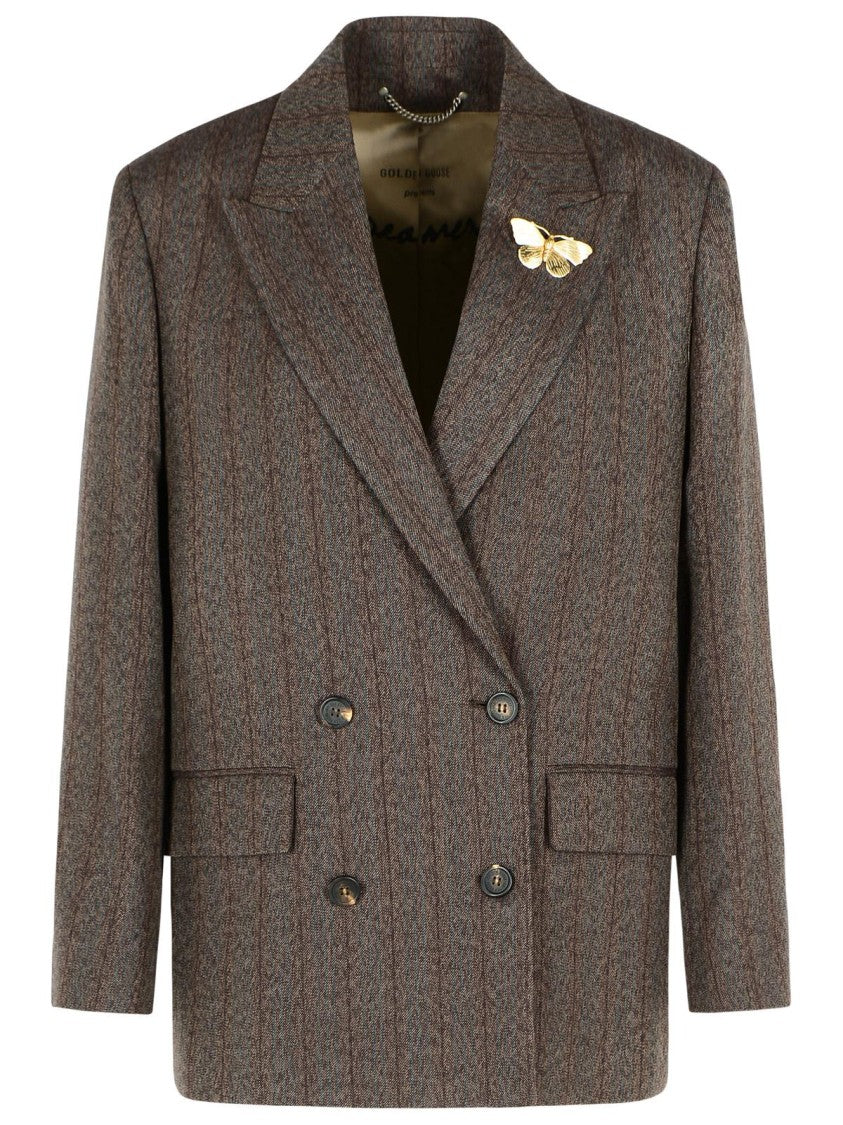 Golden Goose Double-Breasted Pinstripe Dark Brown Wool Blazer
