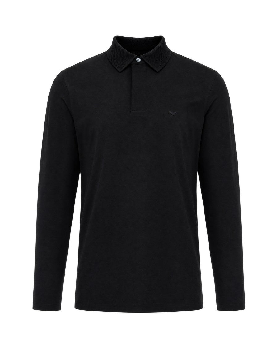 Emporio Armani Black Beauty Textured Knit Cotton Polo Shirt