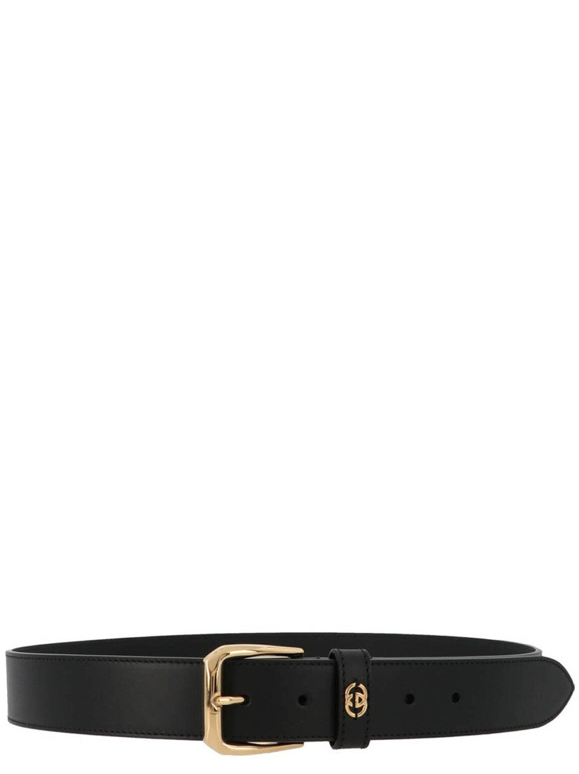 Gucci Square Metal Buckle Leather Belt With Gg Detail