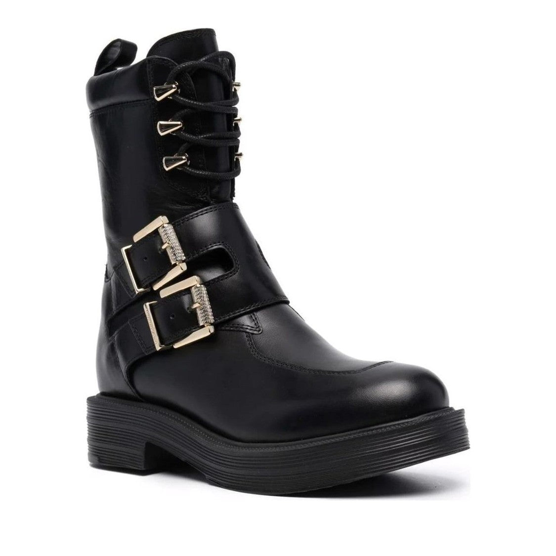 Love Moschino Black Leather Lace-Up Metallic Buckle Boots